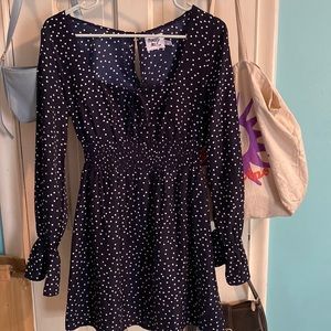princess polly navy blue polk a dot dress, square neckline, size 6, long sleeve